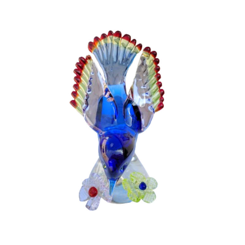 Fantastic Art Glass colorful Blue Bird on Flowers