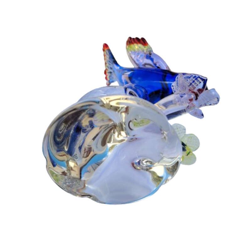 Fantastic Art Glass colorful Blue Bird on Flowers