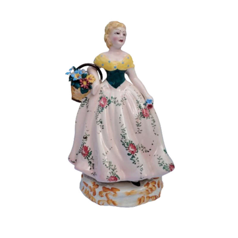 Made in Italy Porcelain Lady Figurine Floral Pink Dress and Basket of Flowers