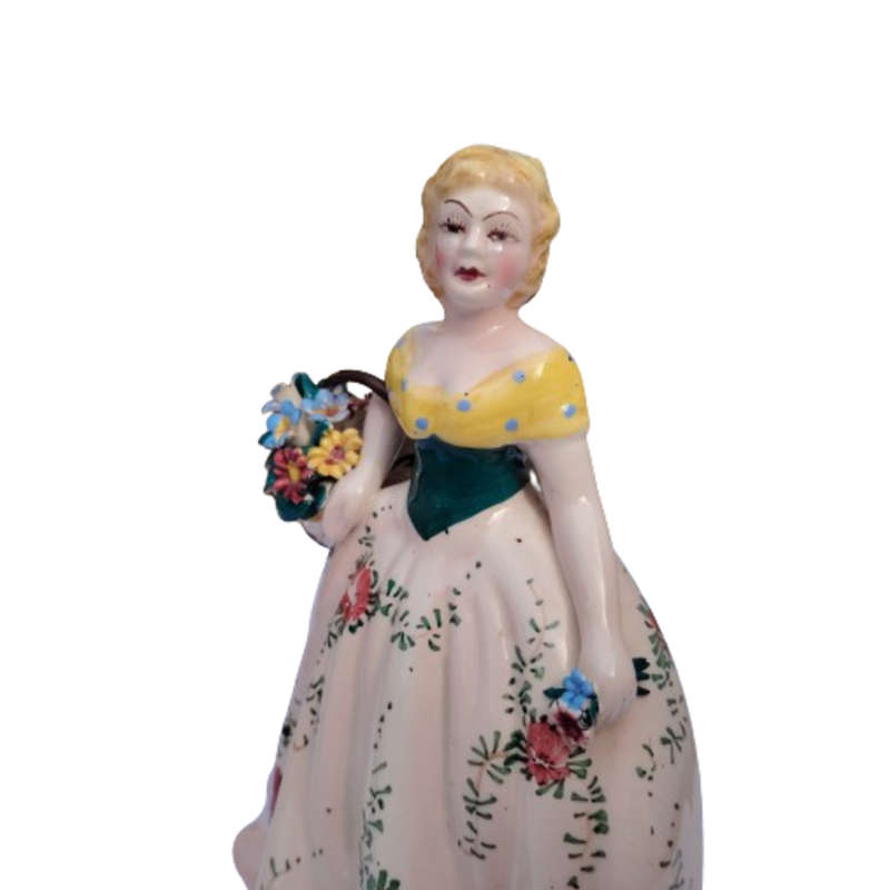 Made in Italy Porcelain Lady Figurine Floral Pink Dress and Basket of Flowers