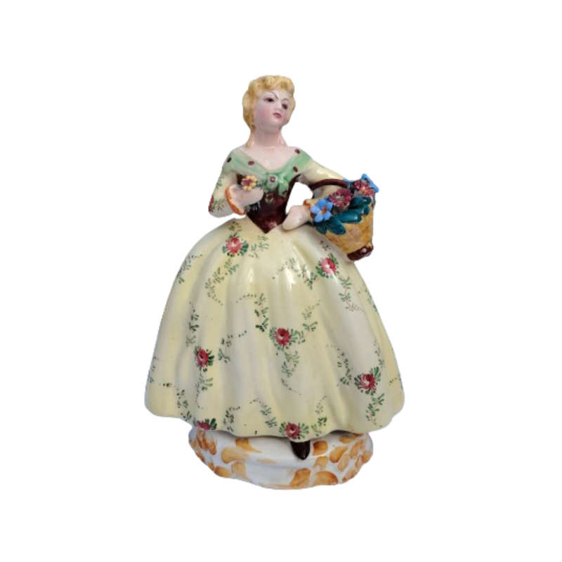 Made in Italy Porcelain Lady Figurine Floral Yellow Dress and Basket of Flowers