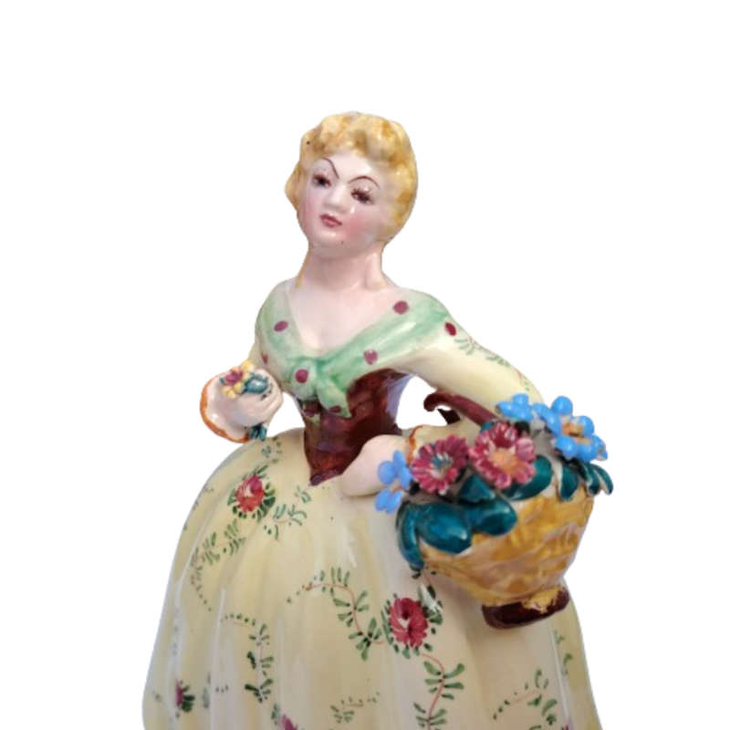 Made in Italy Porcelain Lady Figurine Floral Yellow Dress and Basket of Flowers