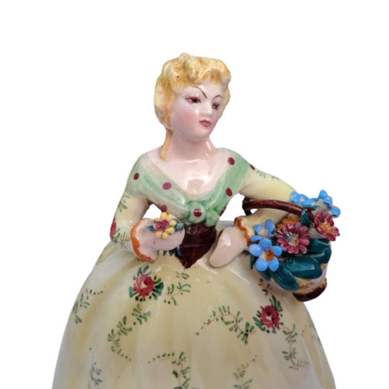 Made in Italy Porcelain Lady Figurine Floral Yellow Dress and Basket of Flowers