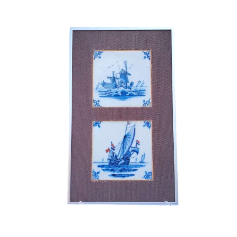 Windmill and galleon ship tiles Hand Painted Framed