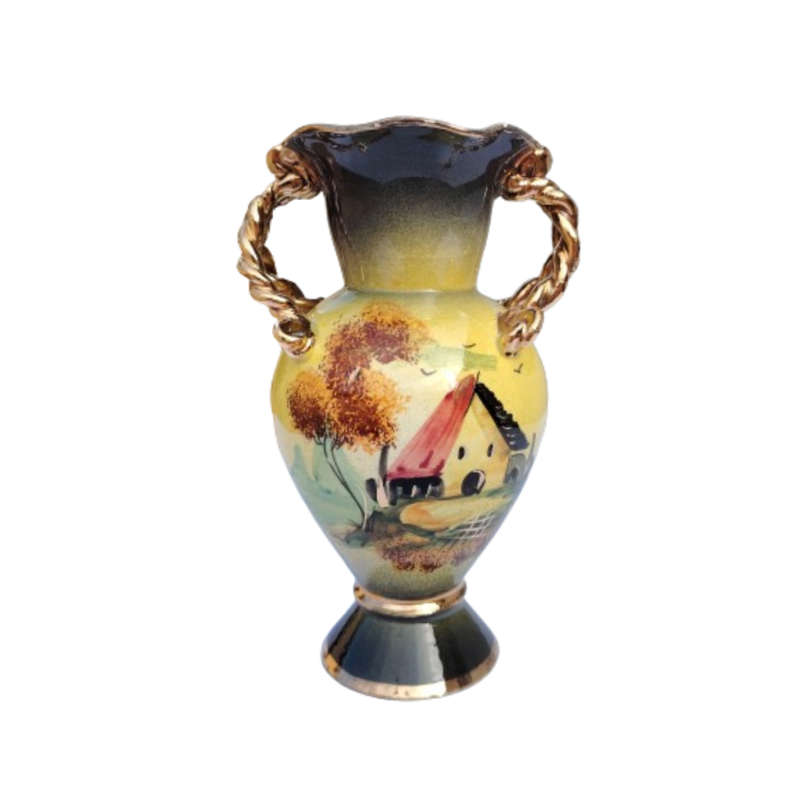 Italian hand painted Urn Vase Gold Rope Handles