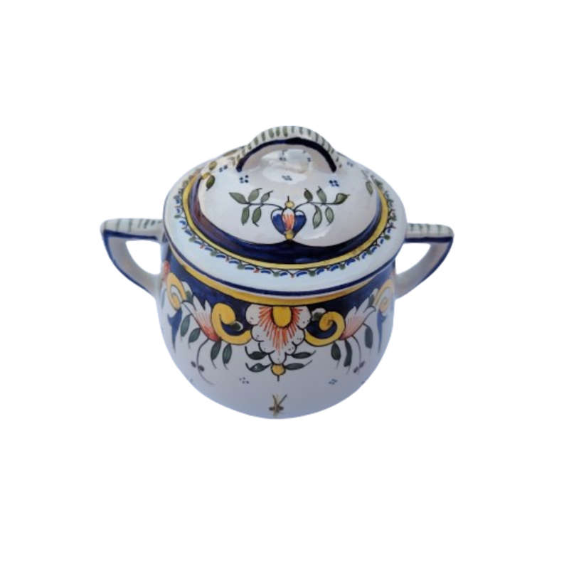 Vintage Vieux Rouen Jar Lidded Pot French Faience Hand Decorated