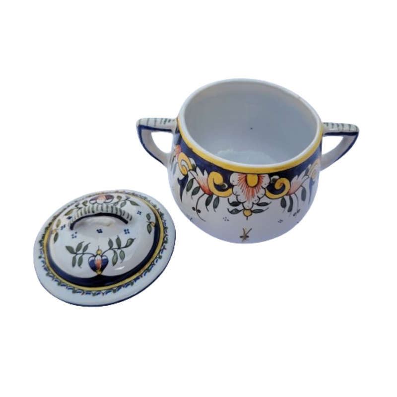 Vintage Vieux Rouen Jar Lidded Pot French Faience Hand Decorated