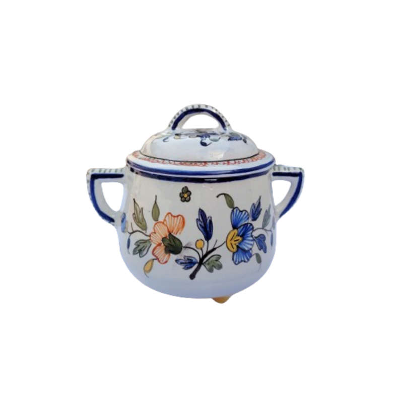 Vintage Vieux Rouen Jar Lidded Pot French Faience Hand Decorated