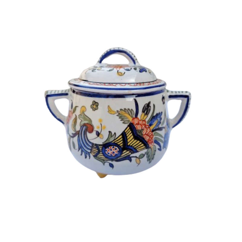 Vintage Vieux Rouen Jar Lidded Pot French Faience Hand Decorated