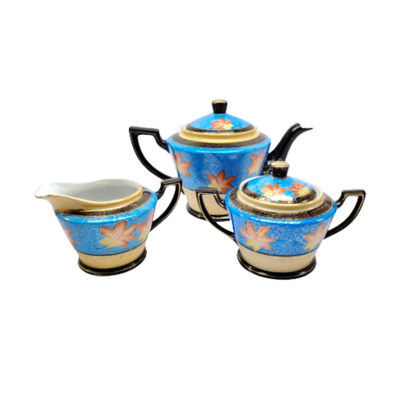 Blue cream and gold porcelain Coffee set Tea set with leaf decoration