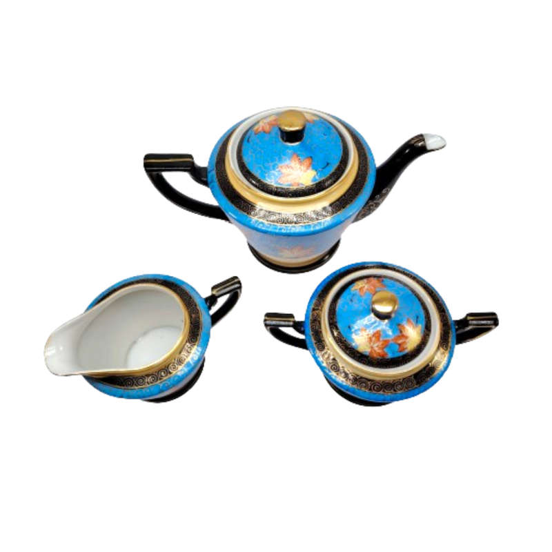 Blue cream and gold porcelain Coffee set Tea set with leaf decoration