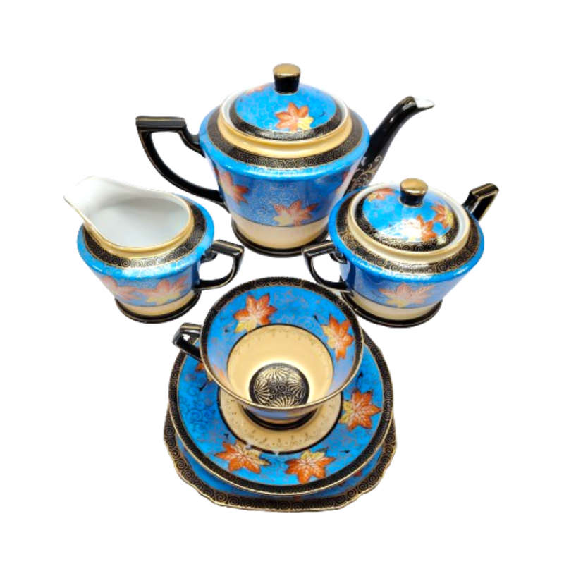 Blue cream and gold porcelain Coffee set Tea set with leaf decoration