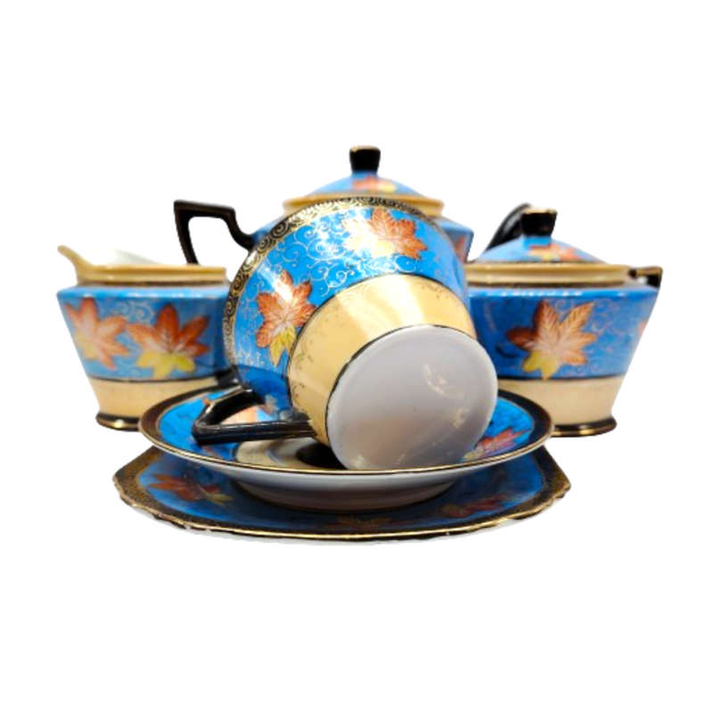 Blue cream and gold porcelain Coffee set Tea set with leaf decoration