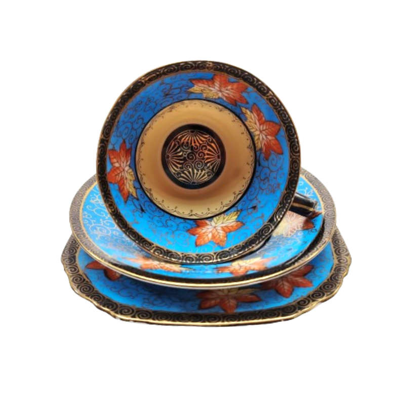 Blue cream and gold porcelain Coffee set Tea set with leaf decoration