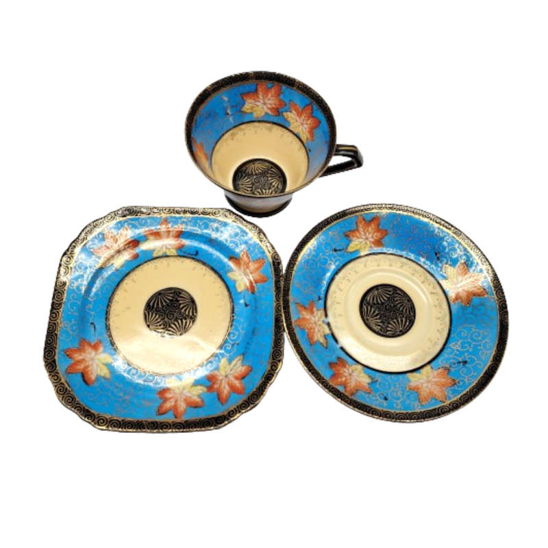 Blue cream and gold porcelain Coffee set Tea set with leaf decoration