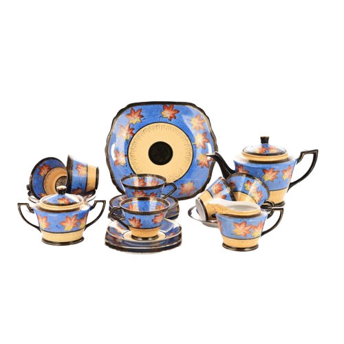 Blue cream and gold porcelain Coffee set Tea set with leaf decoration
