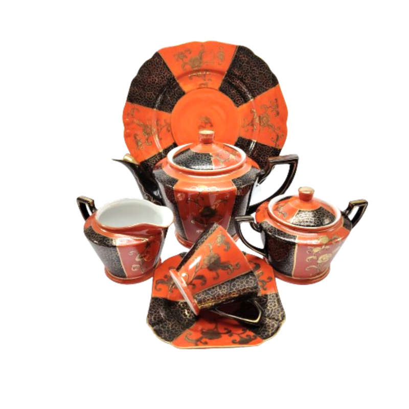 Orange Brown and gold porcelain Tea set with floral decoration