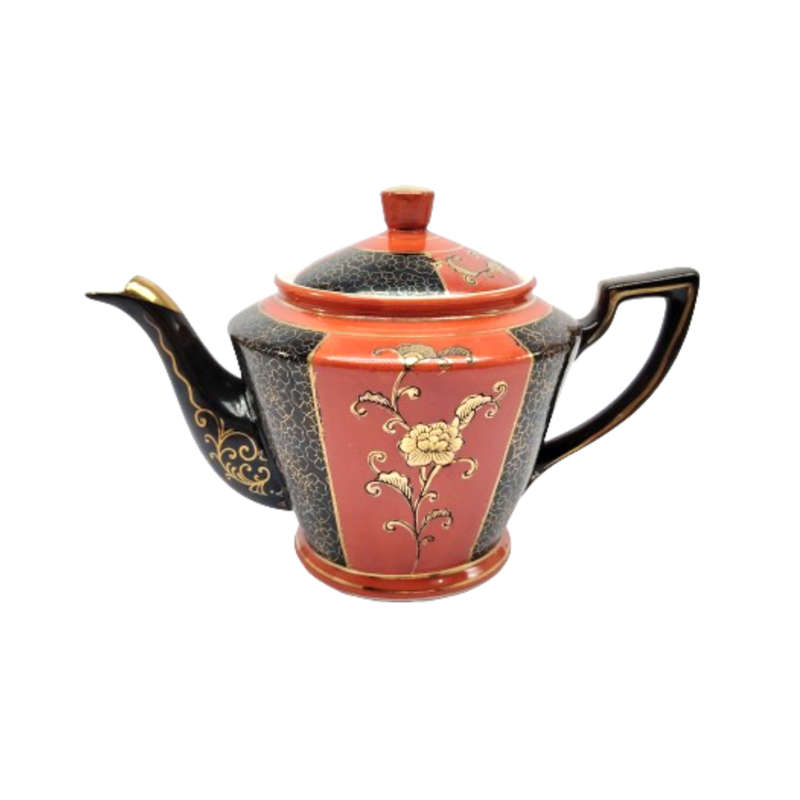 Orange Brown and gold porcelain Tea set with floral decoration