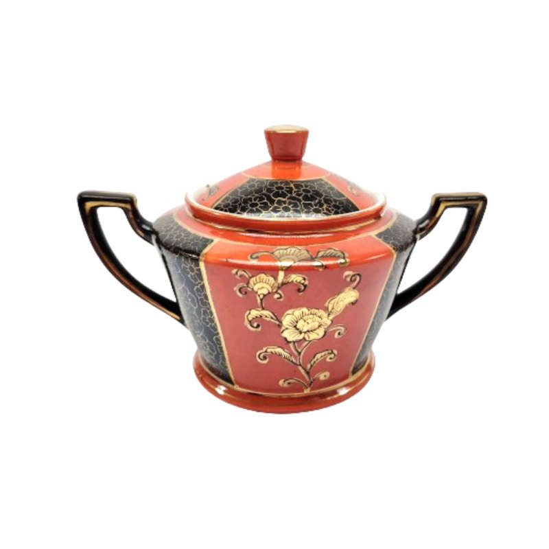 Orange Brown and gold porcelain Tea set with floral decoration