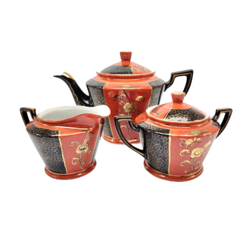 Orange Brown and gold porcelain Tea set with floral decoration