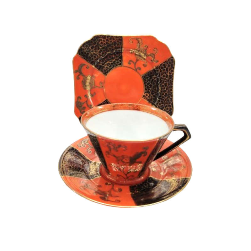 Orange Brown and gold porcelain Tea set with floral decoration