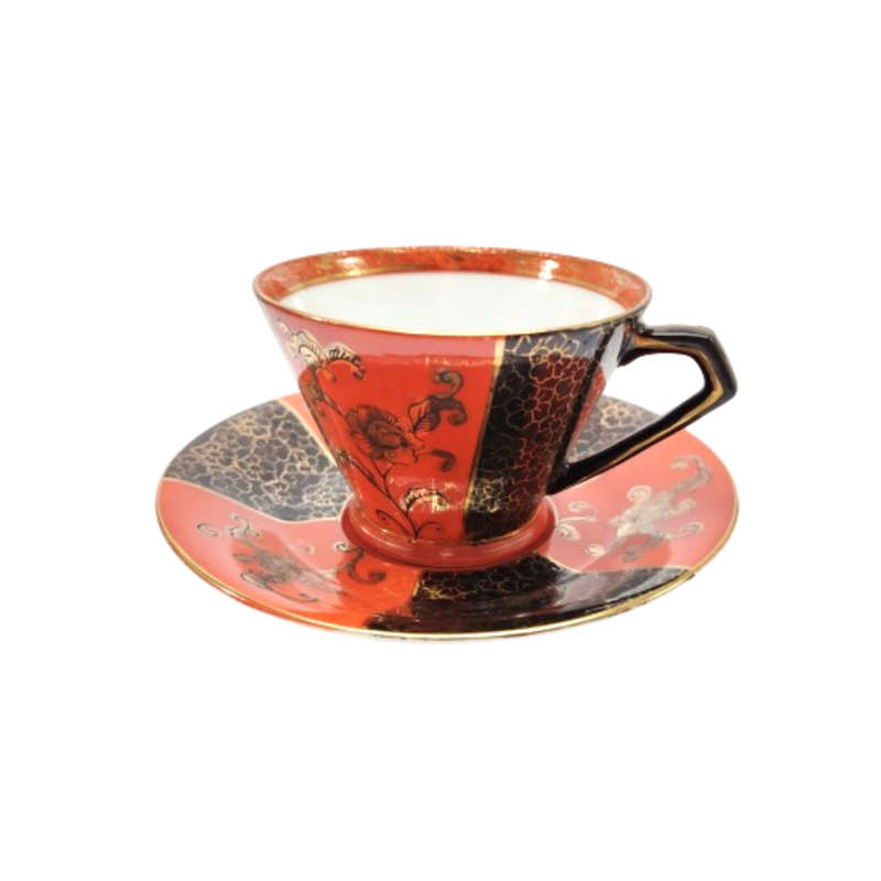 Orange Brown and gold porcelain Tea set with floral decoration