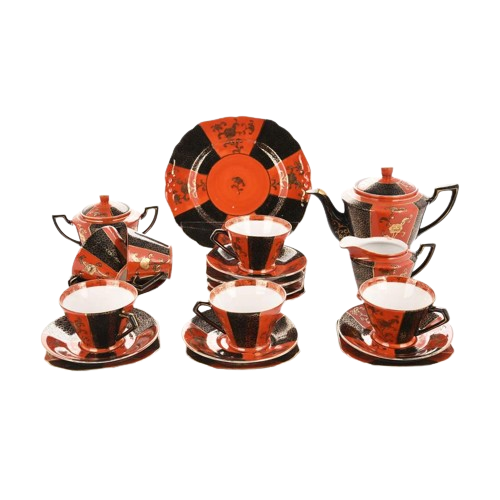 Orange Brown and gold porcelain Tea set with floral decoration