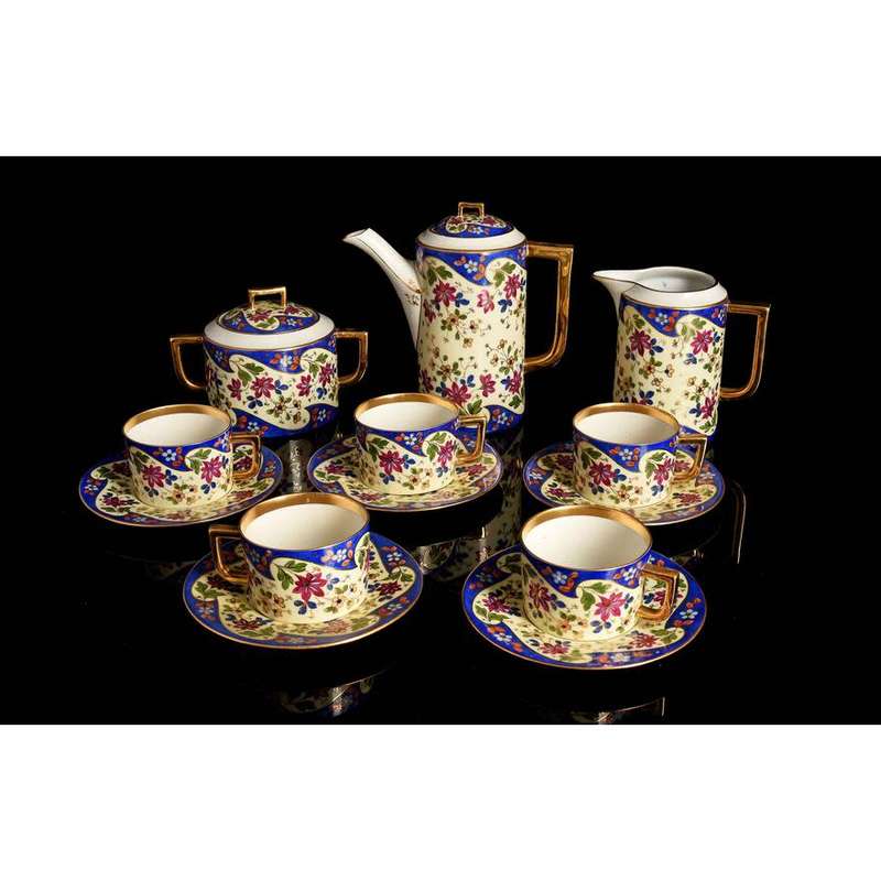 White TK Czechoslovakian with blue & gold floral decoration tea set