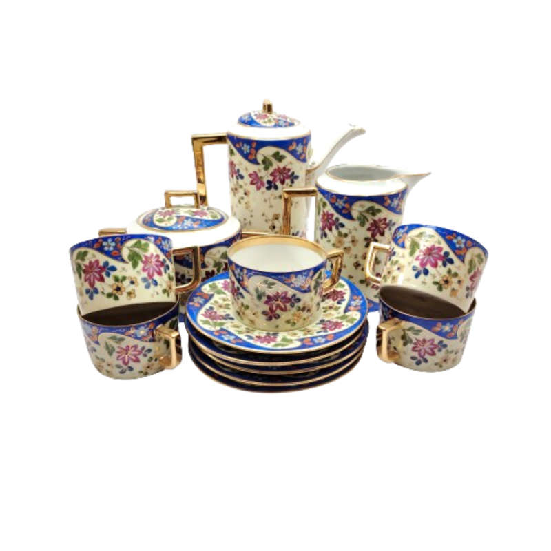 White TK Czechoslovakian with blue & gold floral decoration tea set