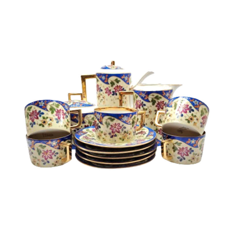 White TK Czechoslovakian with blue & gold floral decoration tea set