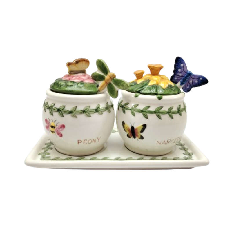 Portmeirion Botanic Garden Pair of Figural Butterfly Jam Jars & Spoons on Tray