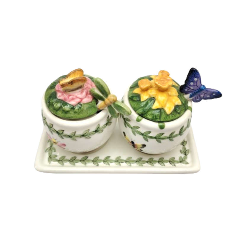 Portmeirion Botanic Garden Pair of Figural Butterfly Jam Jars & Spoons on Tray