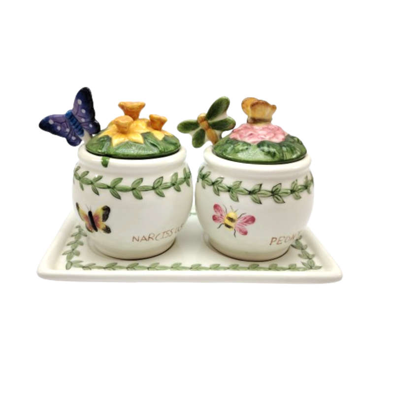 Portmeirion Botanic Garden Pair of Figural Butterfly Jam Jars & Spoons on Tray