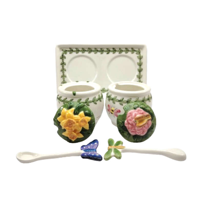 Portmeirion Botanic Garden Pair of Figural Butterfly Jam Jars & Spoons on Tray