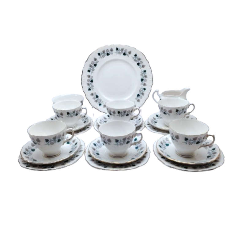 Royal Vale Bone China with blue & grey leaf  Tea Set