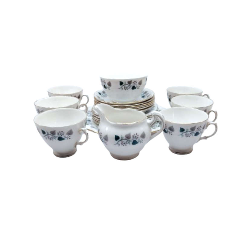 Royal Vale Bone China with blue & grey leaf  Tea Set