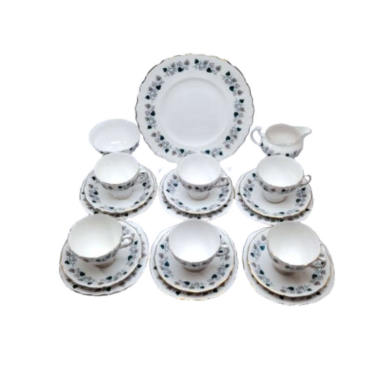 Royal Vale Bone China with blue & grey leaf  Tea Set