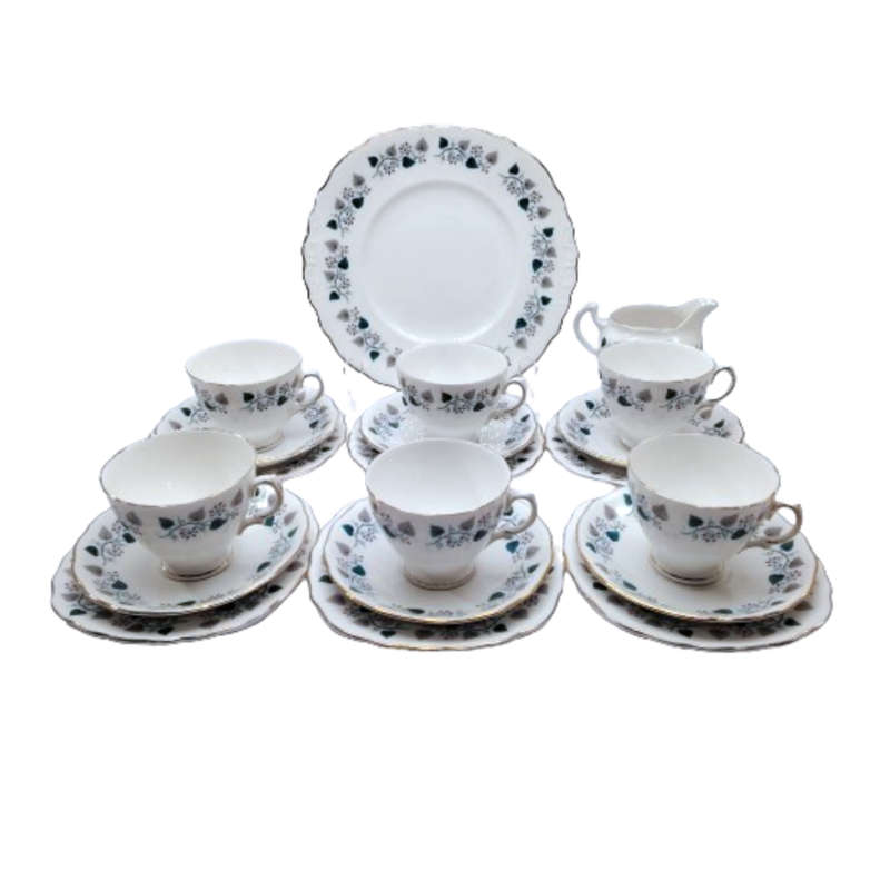 Royal Vale Bone China with blue & grey leaf  Tea Set
