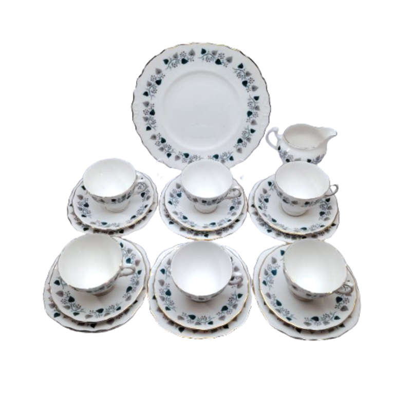 Royal Vale Bone China with blue & grey leaf  Tea Set