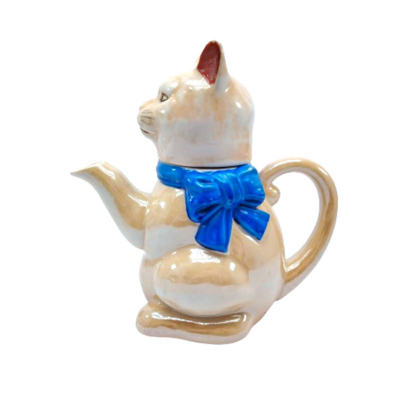 Vintage Ginger Cat Kitten with blue ribbon Teapot