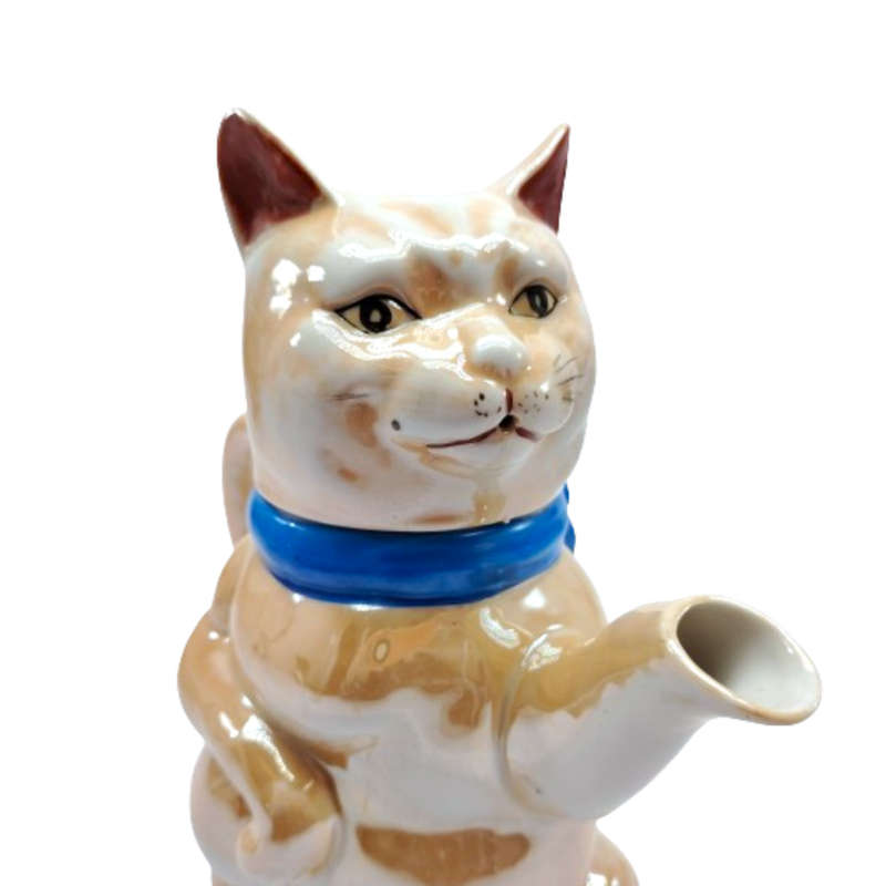 Vintage Ginger Cat Kitten with blue ribbon Teapot