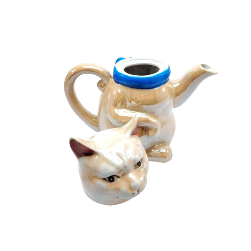 Vintage Ginger Cat Kitten with blue ribbon Teapot