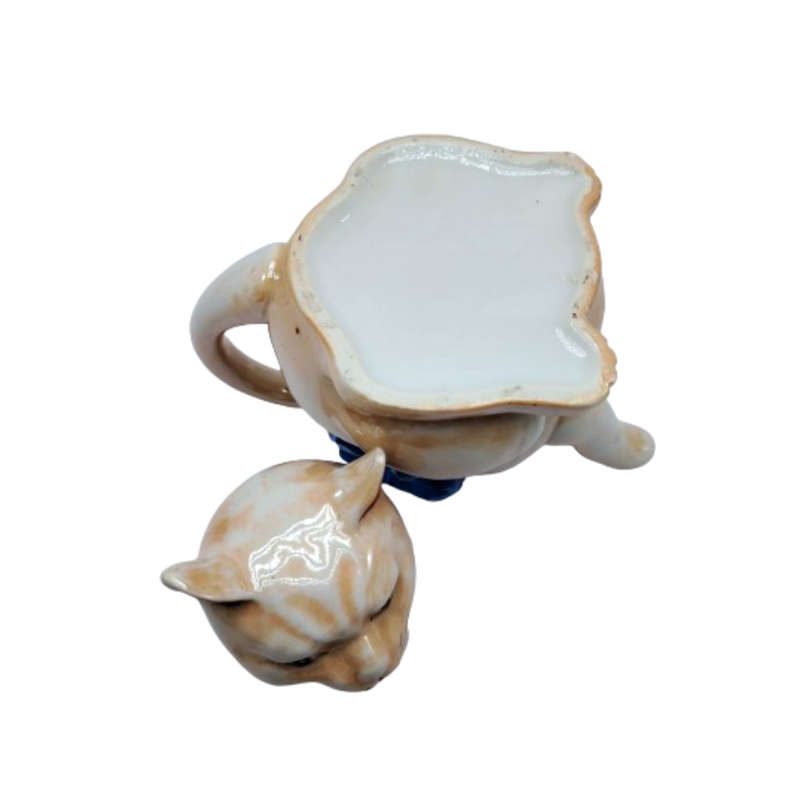 Vintage Ginger Cat Kitten with blue ribbon Teapot