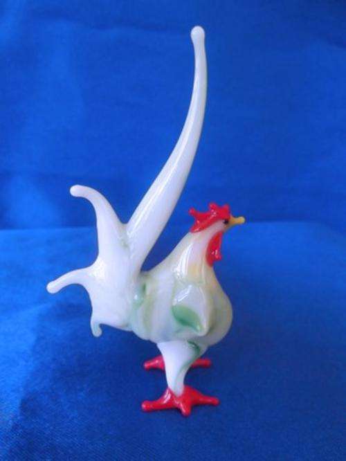 Stunning Vintage Glass Figurine Green & Red Cockeral