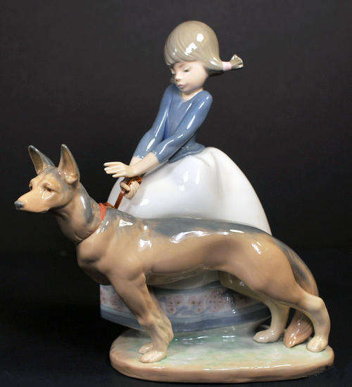 Lladro "NOT SO FAST" #1533 - Little Girl Leading German Shepherd