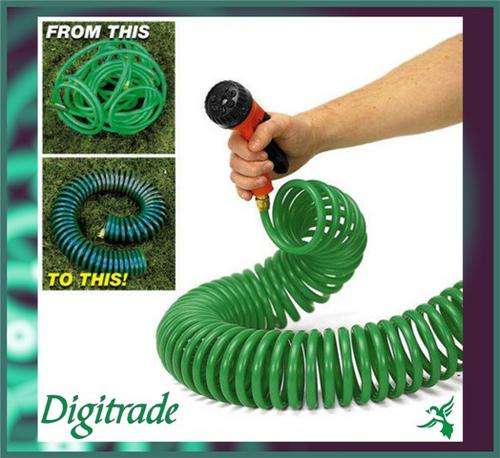 COILED GARDEN HOSE - Extends to 15 metres - Includes all fittings - *** AUTOMATICALLY RECOILS!! ***