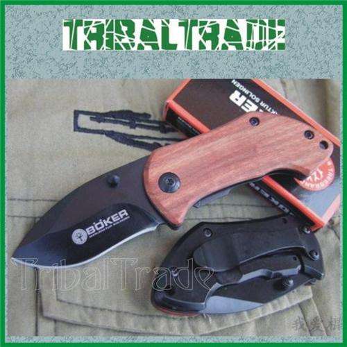 2 to GO!! BOKER DA33 FOLDING KNIFE - Stainless Steel Blade - Belt Clip - WOODEN HANDLE - Nice!!