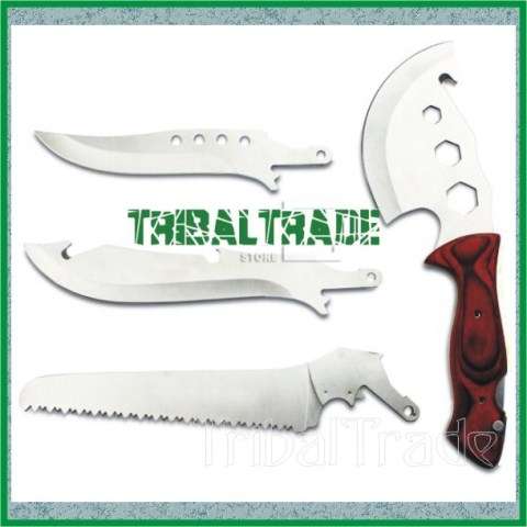 2 Sets to Go!! COMPACT SURVIVAL / CAMPING OUTDOOR 4-in-1 TOOL SET - Knife/Axe/Saw - WOOD HANDLE!!