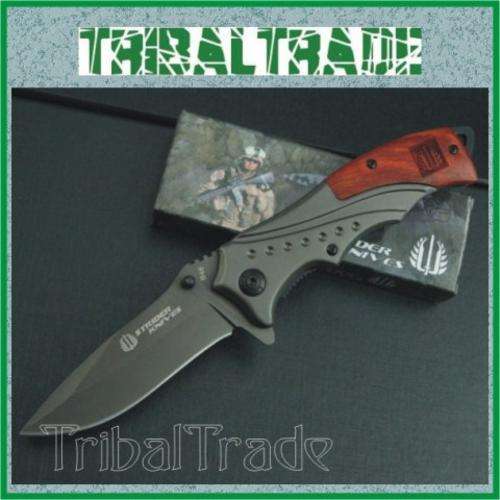 2 to GO!! STRIDER B46 FOLDING KNIFE - Titanium Coated Steel Blade - Wood Handle with a Steel Head!!