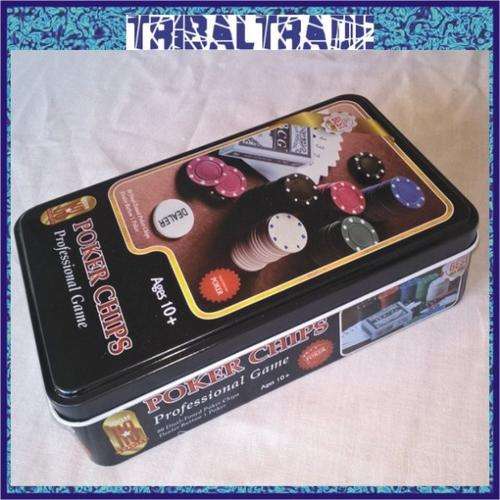 POKER SET - 80 Chips, 1 Decks of Cards, Dealer Button - STYLISH TIN! EXCELLENT QUALITY!! 3 to Go!!